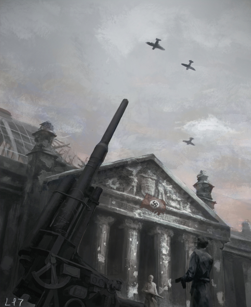 1945 1other 88_flak aircraft aircraft_request airplane ambiguous_gender anti-aircraft anti-aircraft_gun anti-tank_gun architecture artillery berlin bomber building commentary damaged day destroyed english_commentary facing_away flying from_behind german_text germany grey_sky grey_theme gun hat highres holding holding_gun holding_weapon jacket lhlclllx97 military military_hat military_jacket military_vehicle motor_vehicle nazi_flag original outdoors pillar reichstag scenery sky soldier solo statue swastika vehicle_request weapon wide_shot world_war_ii