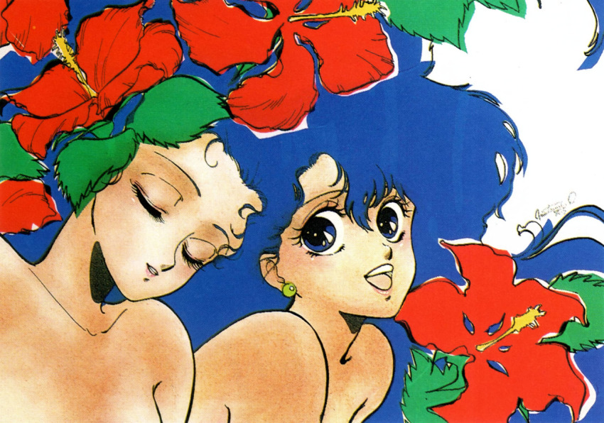 2girls blue_eyes blue_hair earrings closed_eyes flower hibiscus inomata_mutsumi jewelry long_hair looking_at_viewer multiple_girls open_mouth original parted_lips scan