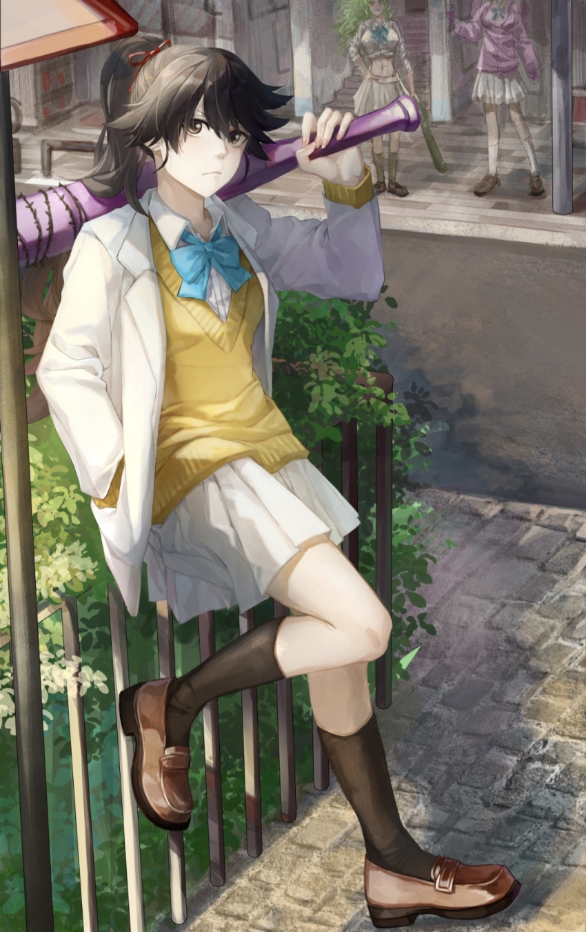 3girls bambietta_basterbine baseball_bat black_hair black_socks bleach bleach:_sennen_kessen-hen blue_ribbon brown_eyes candice_catnipp commentary deadman70232800 green_hair hand_in_pocket highres holding holding_baseball_bat jacket kneehighs long_hair meninas_mcallon midriff multiple_girls navel neck_ribbon outdoors ponytail quincy_(bleach) ribbon shirt skirt socks solo_focus vest white_jacket white_shirt white_skirt white_socks yellow_vest