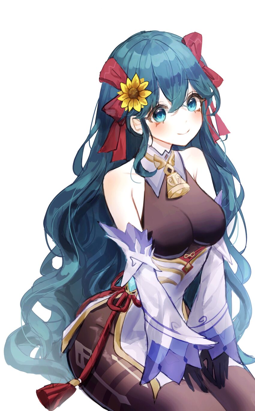 1girl absurdres bare_shoulders bell black_gloves blue_eyes blue_hair bodysuit boong0619 breasts brown_bodysuit closed_mouth commentary_request commission cosplay cowbell detached_sleeves flower ganyu_(genshin_impact) ganyu_(genshin_impact)_(cosplay) genshin_impact gloves gold_trim hair_flower hair_ornament highres korean_commentary long_hair long_sleeves looking_at_viewer medium_breasts original pelvic_curtain sitting smile solo very_long_hair wavy_hair