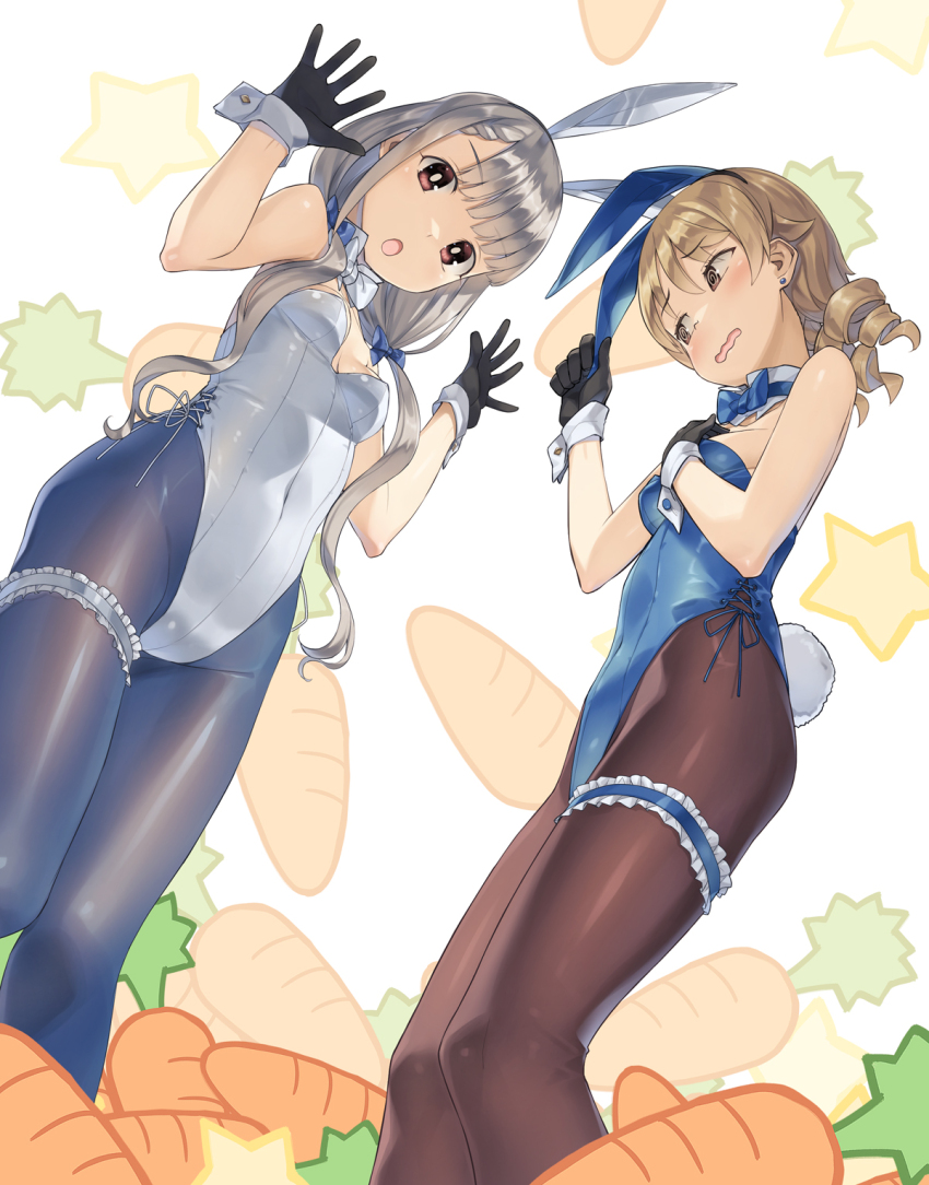2girls :o @_@ bare_shoulders black_gloves blue_bow blue_bowtie blue_leotard bow bowtie braid braided_bangs breasts brown_eyes carrot commentary_request detached_collar drill_hair earrings feet_out_of_frame frilled_thigh_strap gloves grey_hair hair_bow heibonkaeru highres hisakawa_nagi idolmaster idolmaster_cinderella_girls jewelry leotard light_blush long_hair low_twintails morikubo_nono multiple_girls open_mouth pantyhose playboy_bunny small_breasts standing star_(symbol) strapless strapless_leotard stud_earrings thigh_strap twintails very_long_hair wavy_mouth white_background white_leotard wrist_cuffs