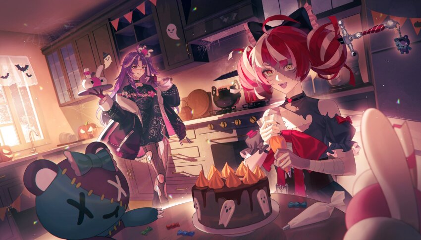 2girls :d :q ahoge baking bandaid_on_wrist bare_shoulders black_bow black_choker black_gloves black_jacket black_shirt black_thighhighs blush bow bowl braid cabinet cake candy choker clothing_cutout collarbone commentary counter diamond-shaped_pupils diamond_(shape) dishes double_bun english_commentary evening eye_print fangs faucet fishnet_thighhighs fishnets flat_chest food frilled_sleeves frills gloves grey_skirt hair_bow hair_bun halloween hands_up heterochromia highres holding holding_pastry_bag holding_tray hololive hololive_indonesia indie_virtual_youtuber indoors jacket jacket_partially_removed jared_(michi_mochievee) kitchen kureiji_ollie kureiji_ollie_(1st_costume) long_hair long_sleeves looking_at_food looking_at_viewer michi_mochievee mismatched_pupils multicolored_hair multiple_girls open_clothes open_jacket open_mouth oven pastry_bag plate pocket print_shirt pumpkin purple_hair red_bow red_eyes red_hair shirt short_sleeves shoulder_cutout silk sink skirt smile spider_web standing stitched_face stitches stove stuffed_animal stuffed_toy sword symbol-shaped_pupils table teddy_bear teeth thighhighs tongue tongue_out torn_clothes torn_shirt torn_thighhighs tray two-tone_hair udin_(kureiji_ollie) upper_teeth_only virtual_youtuber weapon white_hair white_skirt white_streaks window x-shaped_pupils xiisalt yellow_eyes zipper zombie