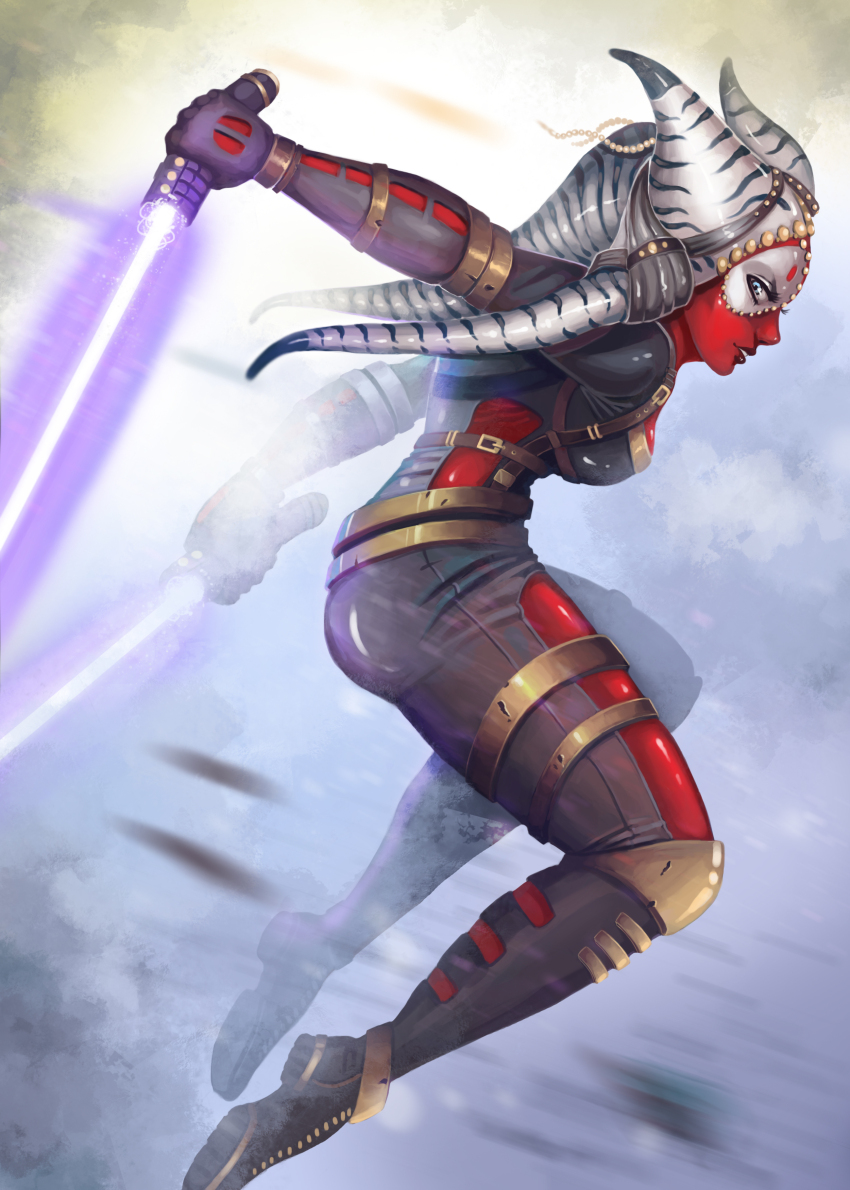 1girl absurdres alien blue_eyes colored_skin dual_wielding energy_sword from_side highres holding holding_sword holding_weapon jumping lightsaber looking_at_viewer purple_lightsaber red_skin rina_cane solo star_wars star_wars:_the_old_republic sword togruta weapon