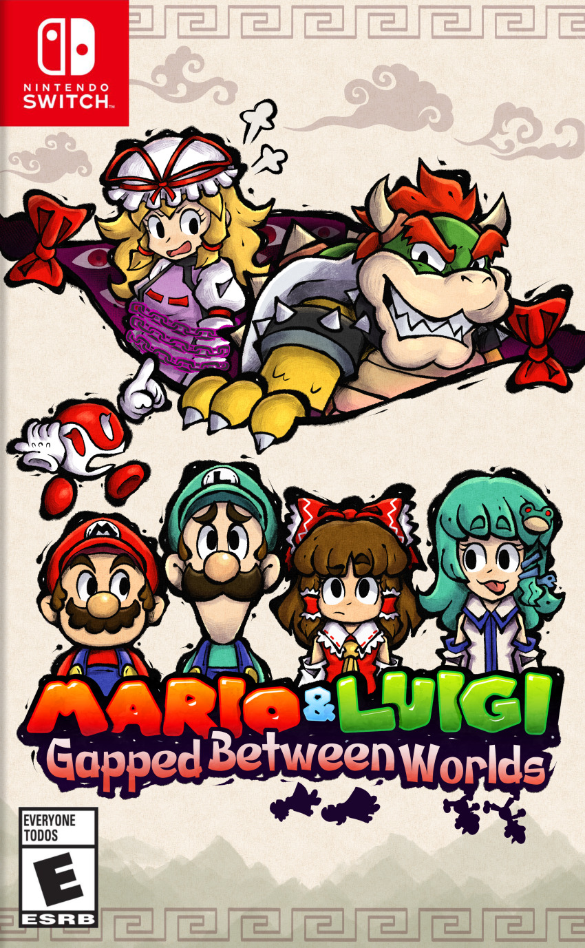 3boys 3girls :3 absurdres armlet ascot black_eyes blonde_hair blue_overalls bow bowser box_art bracelet chain claws commentary content_rating copyright_name cover crossover detached_sleeves elemenopii english_commentary english_text esrb facial_hair fake_box_art fake_cover frilled_bow frilled_hair_tubes frills frog_hair_ornament furrowed_brow gap_(touhou) green_hair green_hat green_shirt hair_bow hair_ornament hair_tubes hakurei_reimu hat highres jewelry kochiya_sanae long_hair looking_at_another looking_at_viewer luigi mario mario_(series) mob_cap multiple_boys multiple_girls mustache nintendo nintendo_switch overalls puff_of_air raised_eyebrow red_bow red_hat red_shirt ribbon ribbon_trim sharp_teeth shirt snake_hair_ornament spiked_armlet spiked_bracelet spikes teeth tongue tongue_out touhou turtle_shell upper_body xiangyun yakumo_yukari yellow_ascot yin_yang