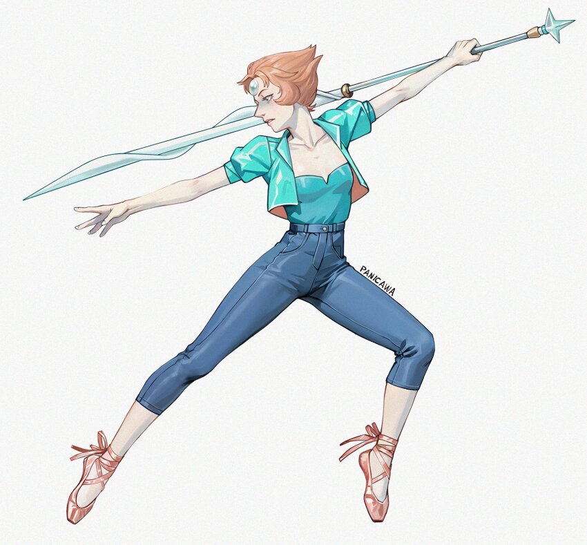 1girl adelheid_(moschiola) ballet_slippers blue_jacket capri_pants forehead_jewel full_body high-waist_pants highres jacket pale_skin pants pearl_(steven_universe) pointy_nose polearm short_hair solo steven_universe weapon