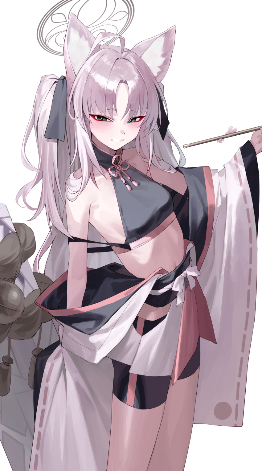 animal_ear_fluff animal_ears bike_shorts blue_archive breasts eyeshadow fox_ears fox_girl fox_tail gdd_(vkejr702) halo highres holding holding_smoking_pipe kuzunoha_(blue_archive) makeup navel parted_bangs red_eyeshadow simple_background small_breasts smile smoking_pipe tail white_background white_halo