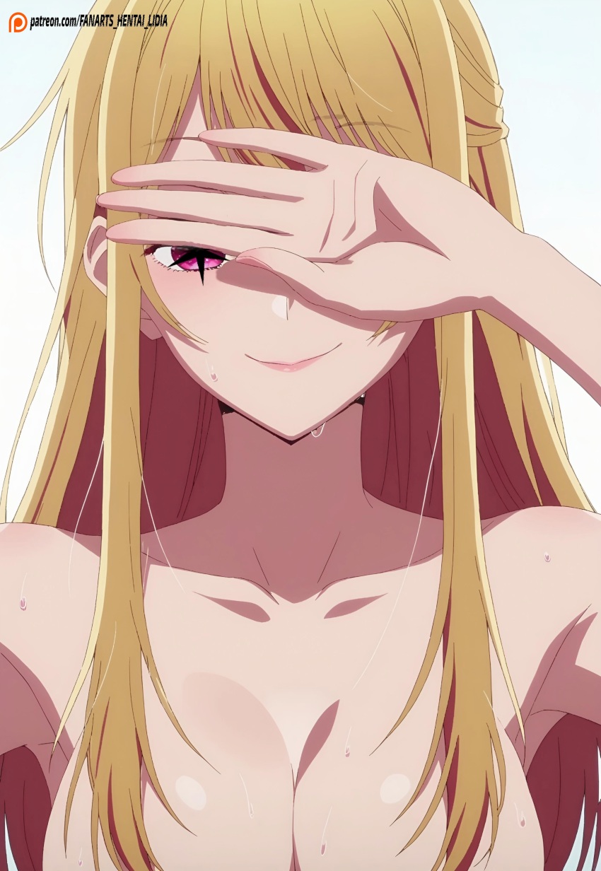 1girl absurdres armpits blonde_hair breasts collarbone completely_nude covering_one_eye fanart_hentai_lidia highres hoshino_ruby idol large_breasts long_hair nude oshi_no_ko patreon_username red_eyes smile star-shaped_pupils star_(symbol) sweat symbol-shaped_pupils
