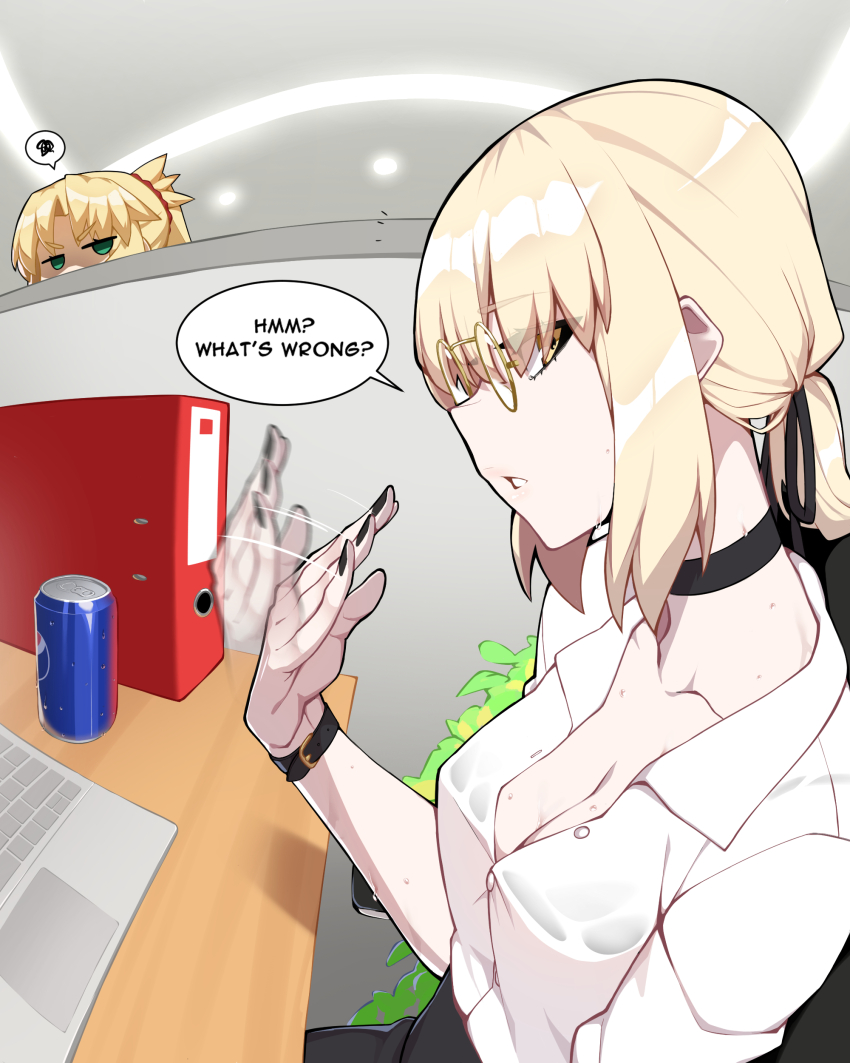 2girls absurdres artoria_pendragon_(fate) black_choker black_nails blonde_hair braid breasts choker cleavage english_text fanning_self fate/grand_order fate_(series) french_braid glaring green_eyes hair_bun highres hot hyperbudd long_hair looking_at_another looking_at_viewer medium_breasts mordred_(fate) mordred_(fate/apocrypha) mother_and_daughter multiple_girls nail_polish office_lady pale_skin parted_bangs pepsi ponytail red_scrunchie saber_alter scrunchie sidelocks sweat yellow_eyes