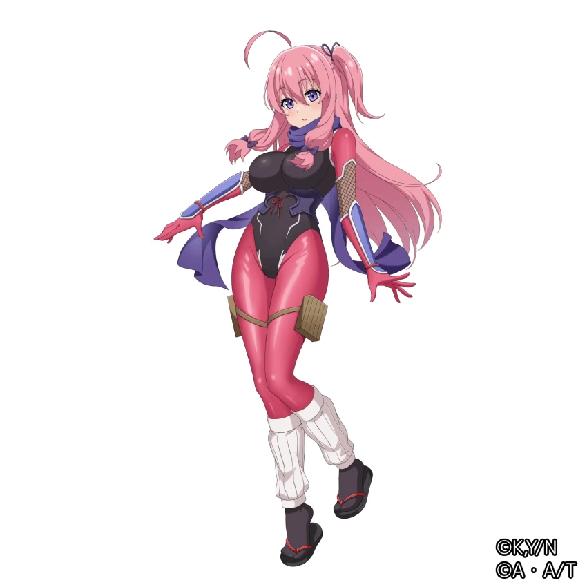 1girl absurdres ahoge artist_request breasts check_artist copyright_notice fishnets full_body hair_between_eyes hair_ribbon highres ideura_shizuri_(neet_kunoichi) koyuki_(kotatsu358) large_breasts leg_warmers long_hair looking_at_viewer neet_de_otaku_na_kunoichi_to_naze_ka_dousei_hajimemashita ninja official_art open_mouth pantyhose pink_hair pink_pantyhose purple_eyes ribbon sandals scarf shiny_clothes side_ponytail sidelocks simple_background solo tsuki_ga_michibiku_isekai_douchuu white_background wrist_guards