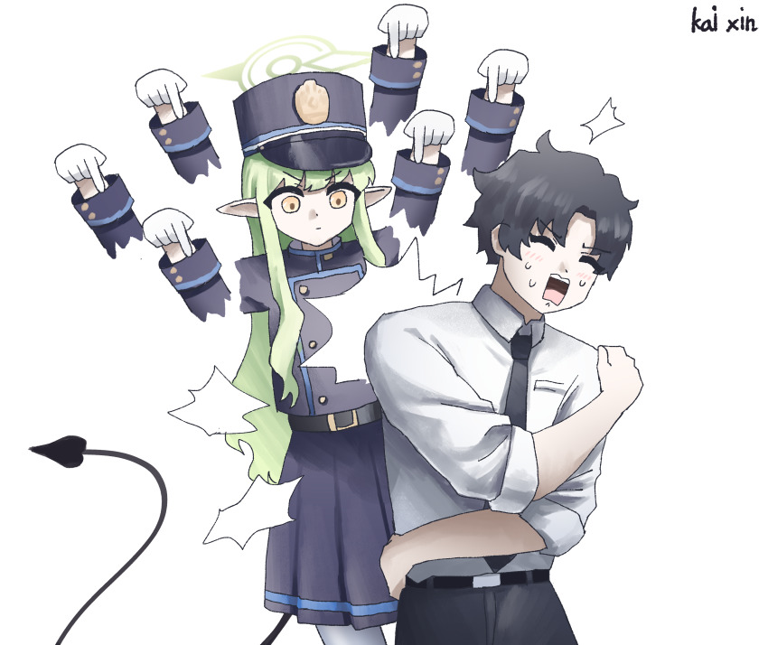 1boy 1girl absurdres afterimage belt black_belt black_hair black_necktie black_pants black_skirt blue_archive blue_archive_the_animation business_casual commentary_request demon_girl demon_tail gloves green_hair green_halo hair_between_eyes halo hat highres hikari_(blue_archive) kai_xin long_hair long_sleeves looking_at_another massage necktie nervous_sweating pants pantyhose parted_bangs peaked_cap pointy_ears poking sensei_(blue_archive) sensei_(blue_archive_the_animation) shirt sidelocks simple_background skirt sweat tail train_conductor v-shaped_eyebrows white_background white_gloves white_pantyhose white_shirt yellow_eyes