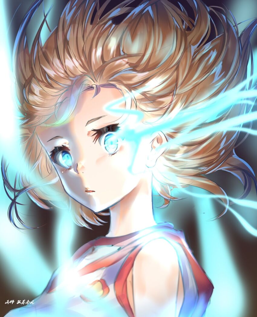 1girl brown_hair commentary_request electricity electrokinesis glowing glowing_eyes guzangnanfeng gym_shirt highres looking_at_viewer misaka_mikoto misaka_mikoto_level_6_shift open_mouth school_emblem shirt short_hair simple_background sleeveless sleeveless_shirt solo toaru_kagaku_no_railgun toaru_kagaku_no_railgun_t toaru_majutsu_no_index tokiwadai_school_gym_uniform upper_body white_shirt
