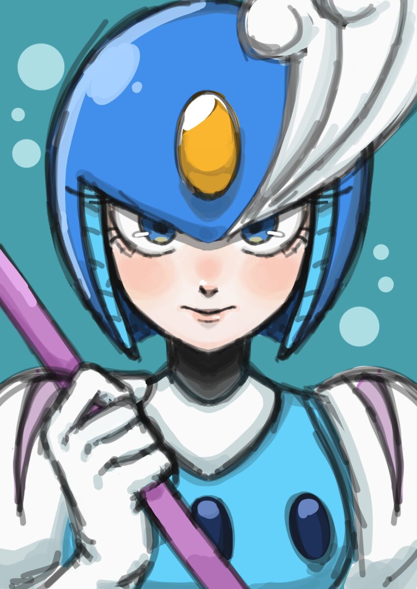 1girl blue_background blue_eyes blue_helmet helmet highres holding holding_polearm holding_weapon kintama0210 mega_man_(classic) mega_man_(series) polearm robot_girl simple_background solo splash_woman upper_body weapon