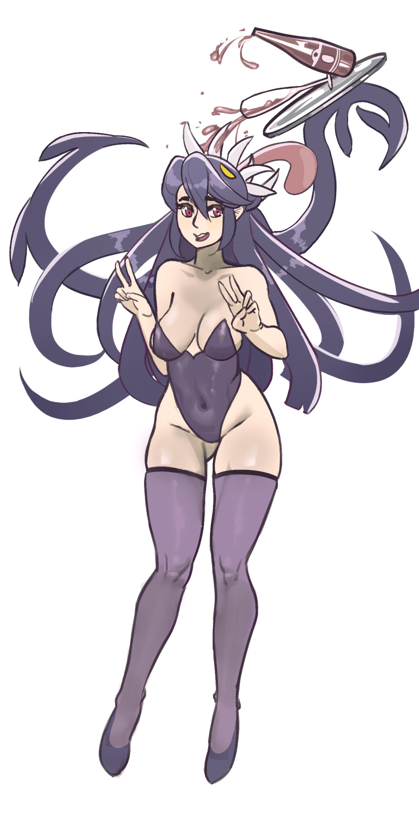 1girl absurdres alcohol bottle breasts champagne_flute cleavage collarbone covered_navel cup double_v drinking_glass filia_(skullgirls) full_body gluteal_fold hands_up high_heels highres idarasen large_breasts leotard made_in_2024 open_mouth prehensile_hair red_eyes samson_(skullgirls) skullgirls smile solo spilling standing thick_thighs thighhighs thighs tray v wavy_mouth white_background wide_hips wine