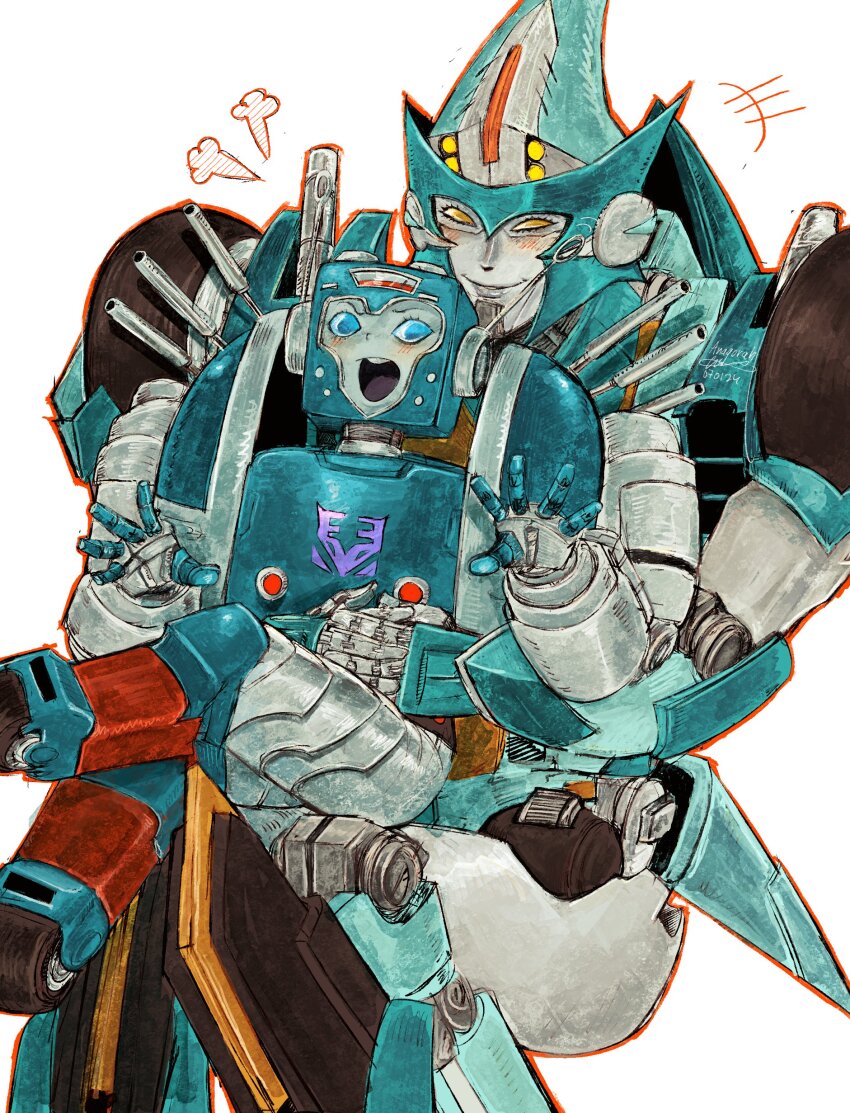 2girls absurdres anagorah blue_eyes blush colored_skin decepticon grey_skin helmet highres humanoid_robot insignia multiple_girls nickel_(transformers) robot robot_girl roller_skates science_fiction sitting sitting_on_lap sitting_on_person size_difference skates the_transformers_(idw) transformers velocity_(transformers) wheel yellow_eyes
