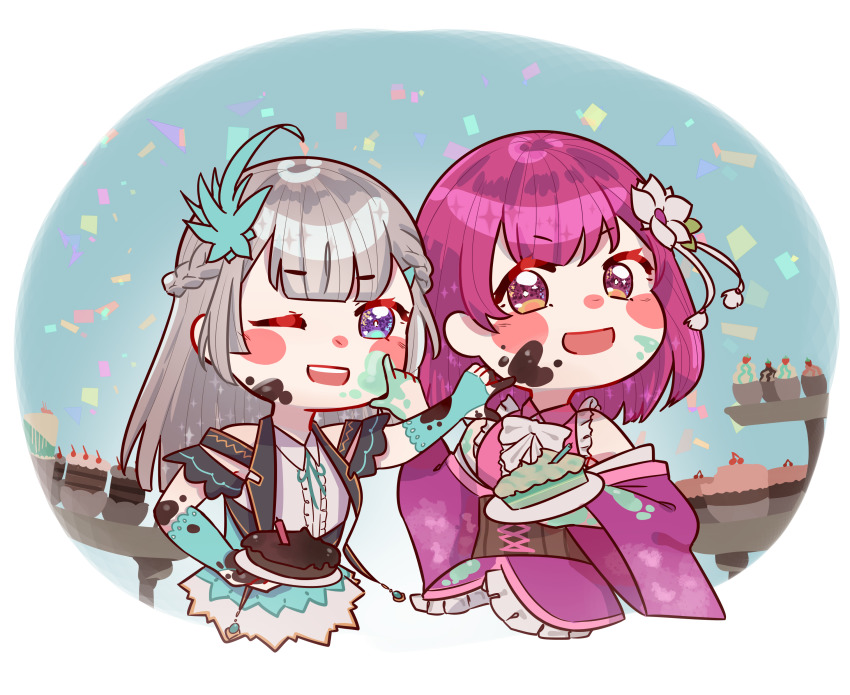 2girls :d ;d absurdres black_jacket blue_background blue_eyes blue_flower blue_gemstone blue_gloves blue_ribbon blue_skirt blunt_bangs blush_stickers bow bowtie braid brown_corset cake candle center_frills chibi collared_shirt commentary commission confetti corset cropped_torso cross-laced_clothes elbow_gloves english_commentary fingerless_gloves flower food food_on_clothes food_on_face food_on_hand frilled_kimono frills gem gloves grey_hair hair_flower hair_ornament hairclip highres holding holding_plate jacket japanese_clothes kimono kimono_skirt lapels long_hair long_sleeves looking_at_another magia_record:_mahou_shoujo_madoka_magica_gaiden magical_girl mahou_shoujo_madoka_magica medium_hair mogu_m.g multiple_girls neck_ribbon off-shoulder_jacket off_shoulder one_eye_closed open_mouth pink_shirt plate purple_eyes purple_hair purple_kimono ribbon see-through_clothes see-through_sleeves shirt shizumi_konoha short_kimono short_sleeves side_braids sidelocks skirt smile sparkle tokiwa_nanaka twin_braids white_bow white_bowtie white_flower white_shirt