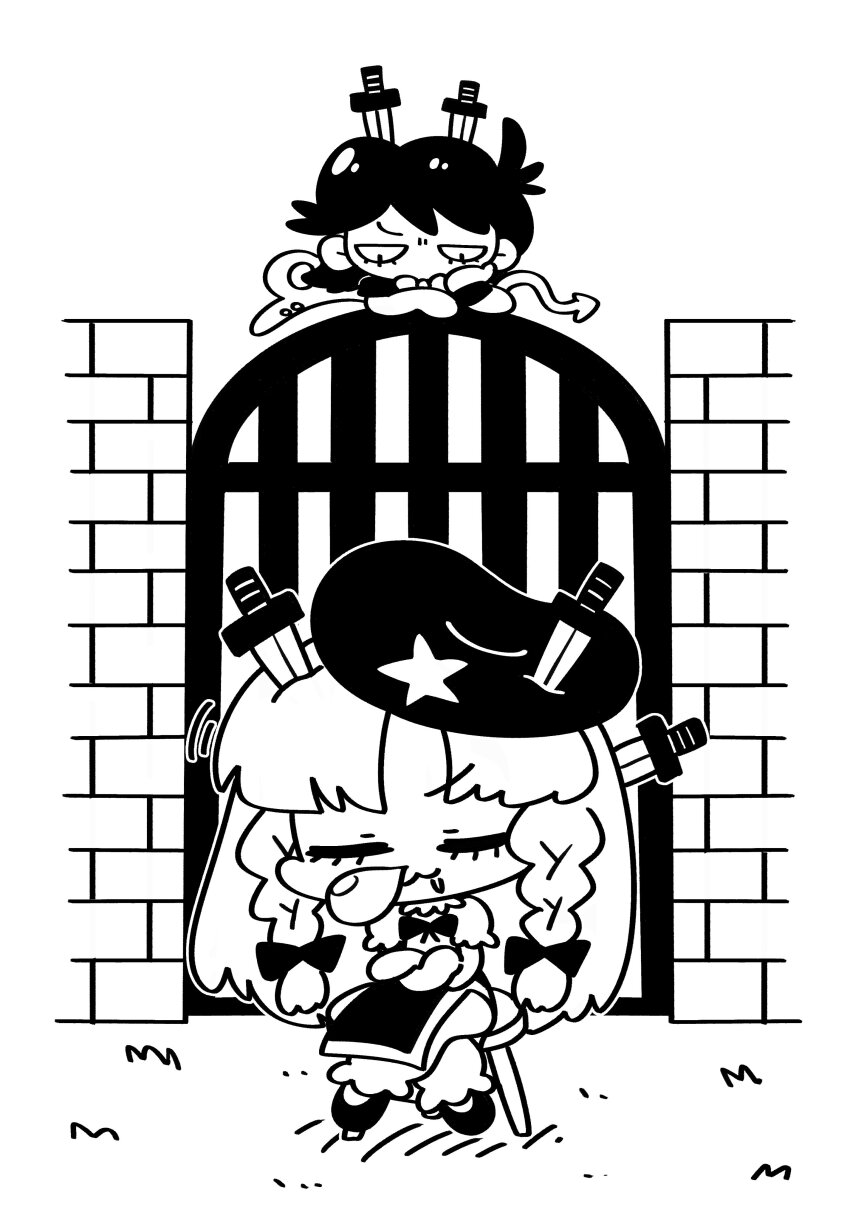 2girls :3 absurdres annoyed asymmetrical_wings beret braid brick_wall bubble chair chinese_clothes closed_eyes drooling frilled_pants frilled_shirt frills gate grass grid hair_ribbon hat highres hong_meiling houjuu_nue knife knife_in_head knifed long_hair medium_hair monochrome mouth_drool multiple_girls neck_ribbon object_through_head pants parted_bangs puffy_short_sleeves puffy_sleeves reitaisai ribbon saliva shirt short_sleeves sitting sleeping smile souda_suisui star_(symbol) tentacles touhou twin_braids wings