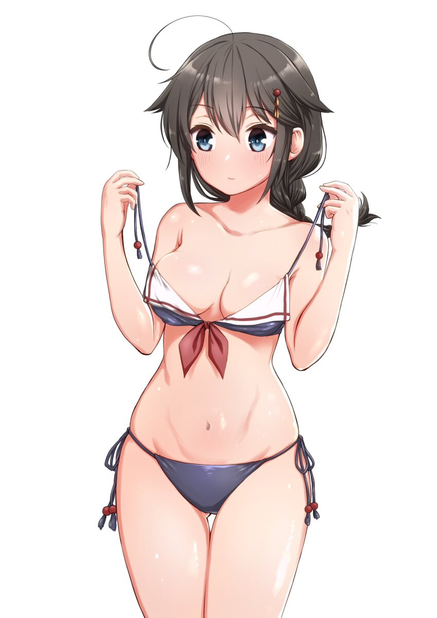 1girl adapted_costume ahoge bikini black_hair blue_eyes braid breasts cleavage cowboy_shot front-tie_bikini_top front-tie_top gouta_(nagishiro6624) hair_flaps highres kantai_collection long_hair medium_breasts sailor_bikini sailor_collar shigure_(kancolle) shigure_kai_ni_(kancolle) shigure_kai_ni_(swimsuit)_(kancolle) side-tie_bikini_bottom simple_background single_braid solo swimsuit thigh_gap white_background white_sailor_collar