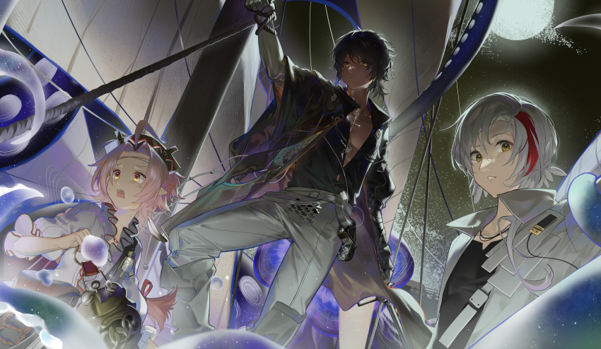 1girl 2boys absurdres ahoge arknights arm_up black_hair black_jacket black_shirt character_request check_character cross cross_necklace dark-skinned_male dark_skin earrings elysium_(arknights) full_moon gloves hair_intakes highres holding holding_lantern jacket jewelry lantern long_hair looking_at_viewer moon multicolored_hair multiple_boys necklace open_clothes open_jacket open_mouth open_shirt orange_eyes pants parted_lips pink_hair pointy_ears red_hair rose_salt_(arknights) ship shirt short_hair solarisyuri! standing streaked_hair thorns_(arknights) thorns_the_lodestar_(arknights) watercraft white_gloves white_hair white_jacket white_pants yellow_eyes