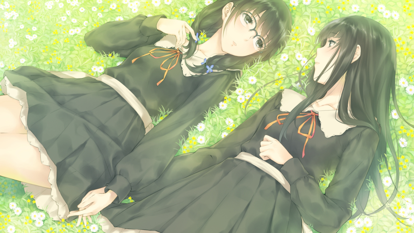 2girls black_eyes black_hair braid daisy_(flower) dress eye_contact field flower flower_field flowers_(innocent_grey) game_cg glasses grabbing_another&#039;s_hair grass green_dress hair_flower hair_ornament hanabishi_rikka hand_on_own_stomach holding holding_hands holding_own_hair long_hair long_sleeves looking_at_another lying multiple_girls official_art official_wallpaper on_back parted_lips pleated_dress puffy_long_sleeves puffy_sleeves ribbon school_uniform shirahane_suou short_dress short_hair sugina_miki twin_braids yuri