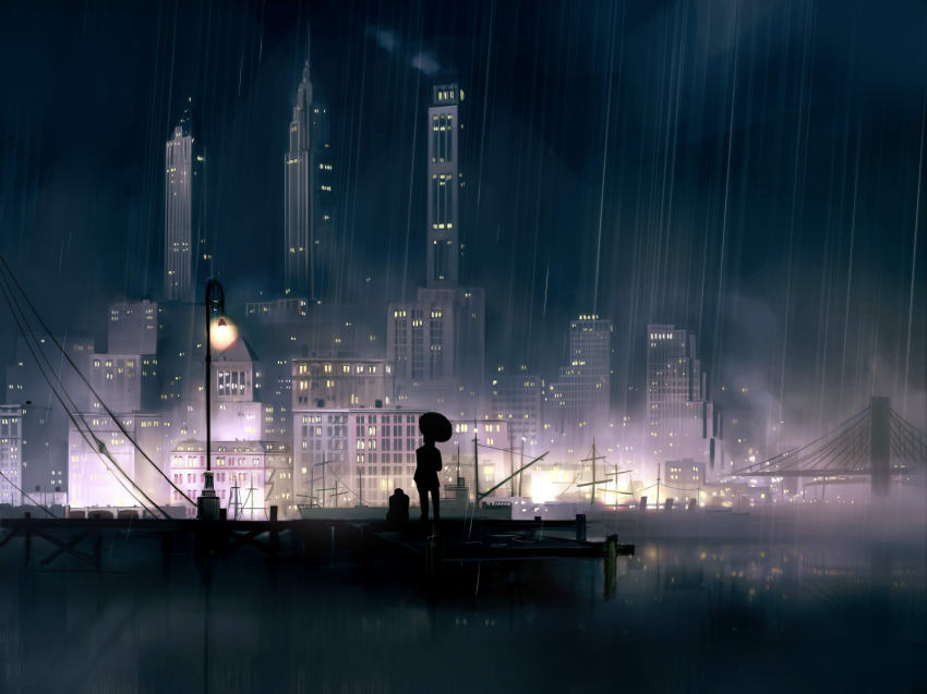 2boys bridge building city dock highres lamppost landscape light manhattan multiple_boys new_york_city night rain reflection scenery seo_tatsuya shadow ship silhouette skyline skyscraper umbrella urban water watercraft