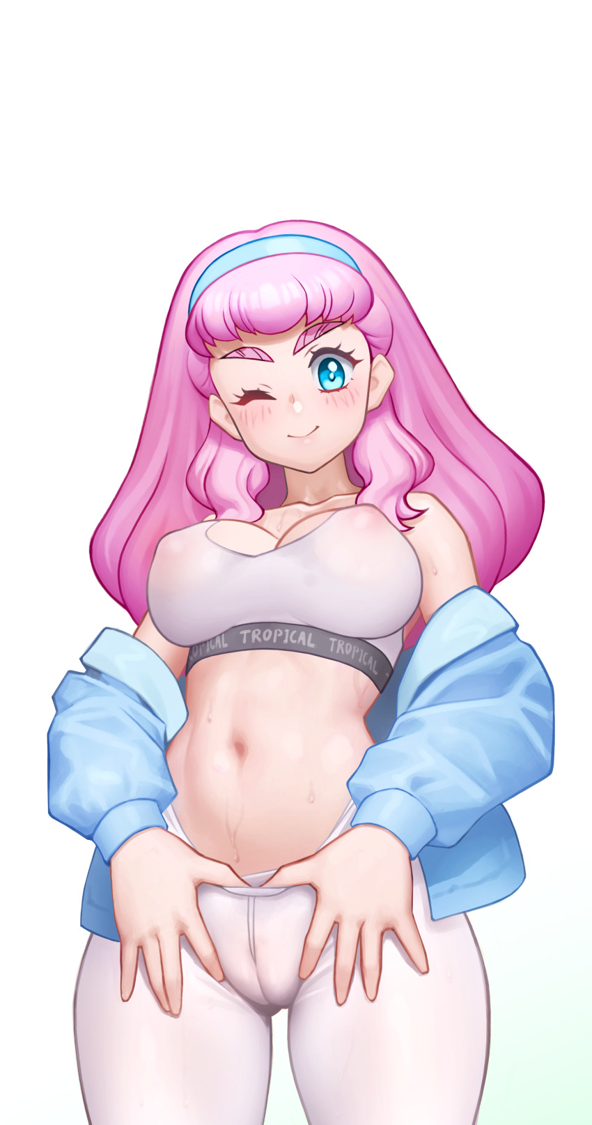 1girl absurdres blue_hair breasts cameltoe closed_mouth clothes_pull covered_erect_nipples cure_la_mer gradient_hair hair_ornament highres laura_(precure) laura_la_mer long_hair magical_girl medium_breasts multicolored_hair navel nipples no_panties nypdesu one_eye_closed pants pantyhose pantyhose_pull pink_eyes pink_hair precure see-through_clothes simple_background smile solo sports_bra sweat tropical-rouge!_precure white_background wink yoga_pants