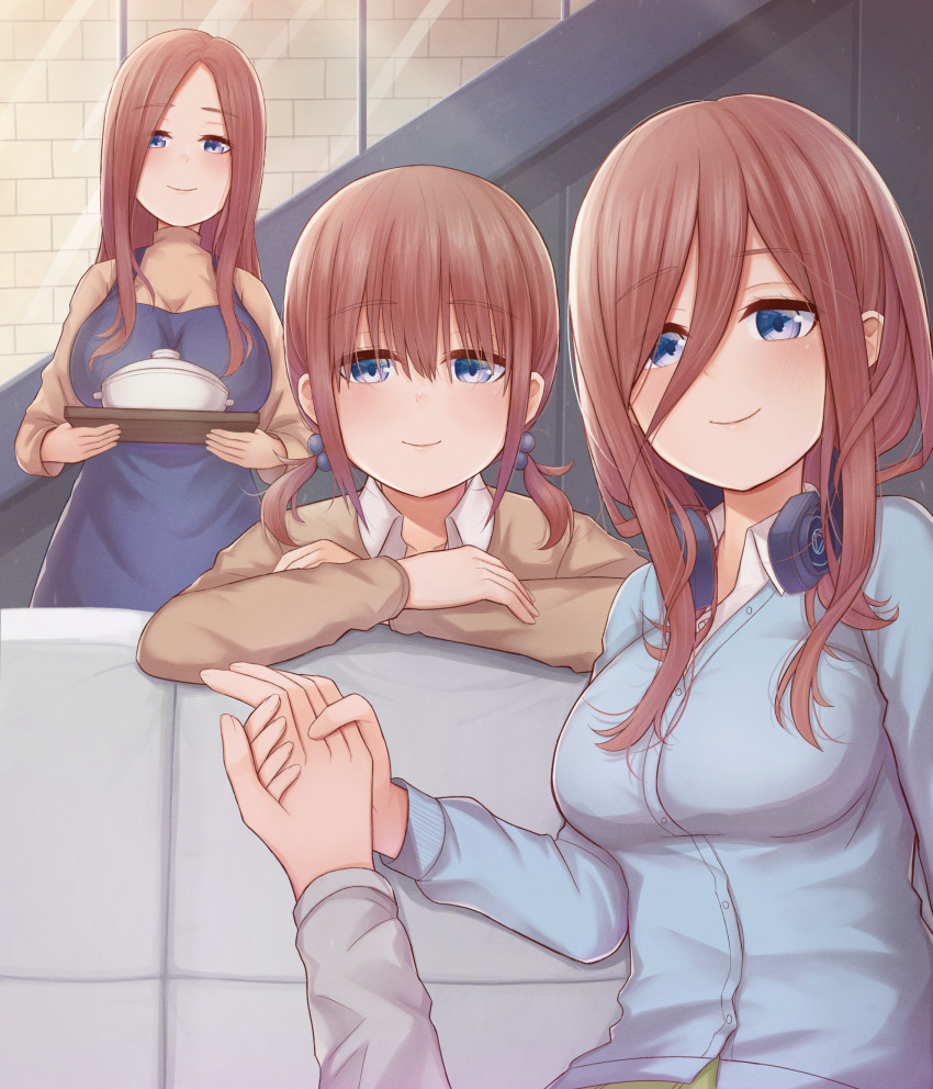 3girls absurdres apron atorie blue_apron blue_cardigan blue_eyes breasts brown_cardigan brown_hair brown_sweater cardigan closed_mouth commentary_request crossed_arms family go-toubun_no_hanayome hair_between_eyes headphones headphones_around_neck highres holding holding_hands holding_tray if_they_mated indoors large_breasts long_hair long_hair_between_eyes long_sleeves looking_at_viewer multiple_girls nakano_miku pov shirt smile sweater tray white_shirt