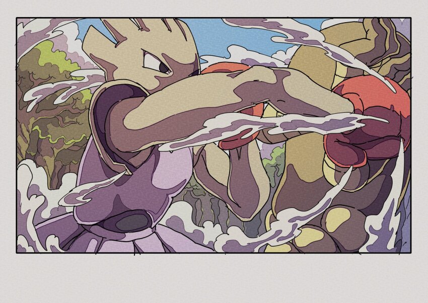 2boys blocking border boxing boxing_gloves dust evolutionary_line forest gen_1_pokemon grey_border highres hitmonchan hitmonlee male_focus multiple_boys nature nintendo onamuzi_illust pokemon pokemon_(creature) tree