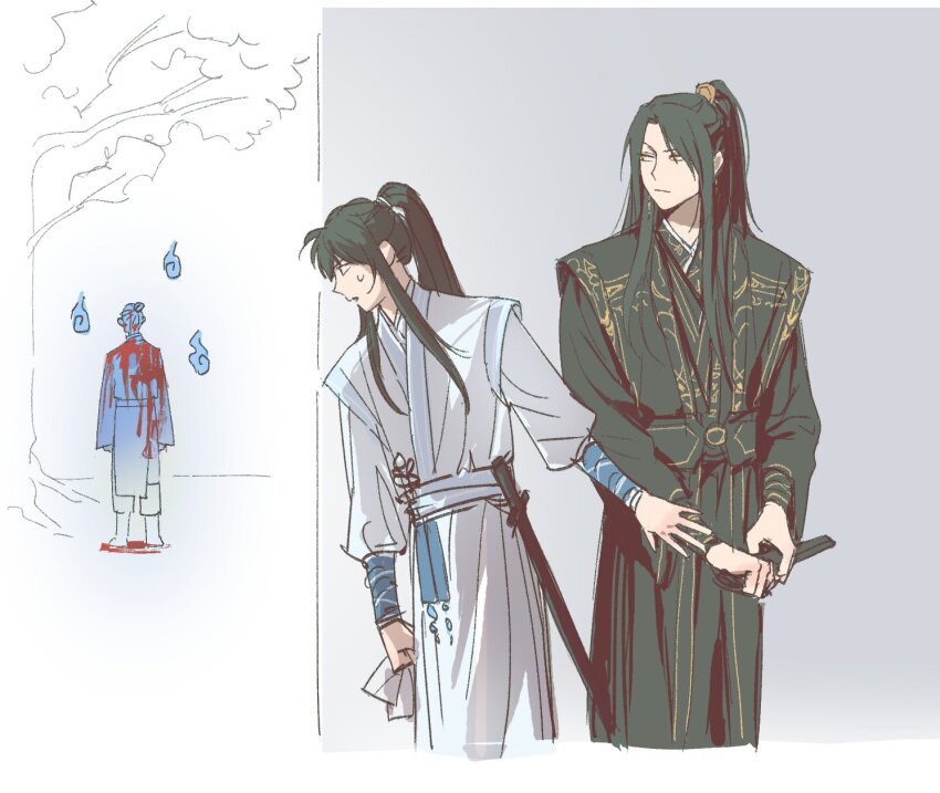 3boys black_hanfu black_sash blood blood_on_clothes blue_sash chinese_clothes clenched_hand closed_mouth cowboy_shot dailysarndean earrings ghost gold_earrings half_updo hanfu high_ponytail highres holding holding_sheath holding_sword holding_weapon jewelry jinhongi korean_commentary long_hair long_sleeves male_focus multiple_boys open_mouth peeking_out ponytail sash seol_young sheath sweatdrop sword tree unsheathing weapon white_hanfu wide_sleeves xiao_guan_(headdress) yellow_eyes zaha zhijupao