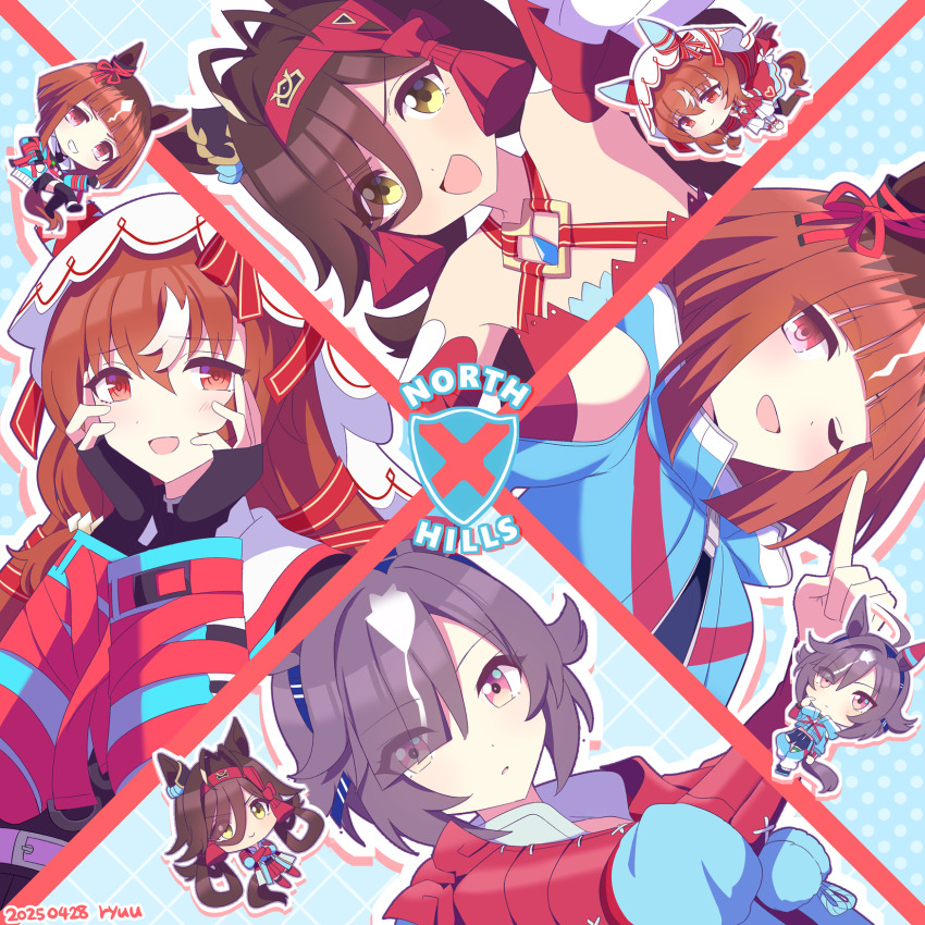 4girls ahoge alternate_costume animal_ears armor believe_(umamusume) believe_(umamusume)_(cosplay) blue_gemstone breasts brown_hair chibi commentary_request cosplay costume_switch detached_sleeves ear_covers emblem eyes_visible_through_hair gem hair_between_eyes hair_ornament hair_ribbon hands_on_own_face headband highres horse_ears horse_girl index_finger_raised japanese_armor looking_at_viewer multiple_girls no_reason_(umamusume) no_reason_(umamusume)_(cosplay) one_eye_closed pink_eyes portrait red_eyes red_headband ribbon ryuu_(ryuraconis) short_hair shoulder_armor single_ear_cover small_breasts smile sode still_in_love_(umamusume) still_in_love_(umamusume)_(cosplay) trait_connection transcend_(umamusume) transcend_(umamusume)_(cosplay) umamusume veil white_hair white_veil yandere_trance yellow_eyes