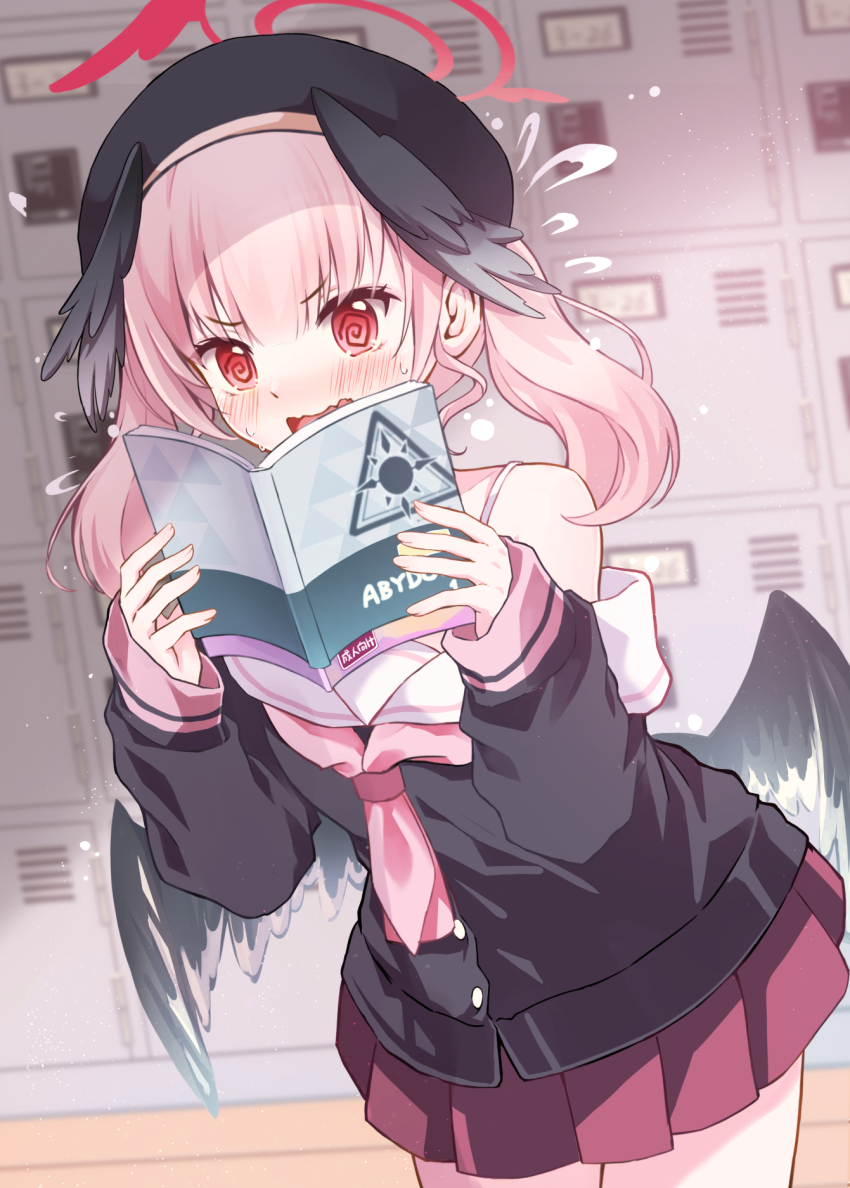 1girl @_@ beret black_hat black_shirt black_wings blue_archive blush book camisole commentary feathered_wings halo hat head_wings highres holding holding_book koharu_(blue_archive) locker low_wings maya_(tirolpop) medium_hair neckerchief open_mouth pink_hair pink_neckerchief pleated_skirt purple_skirt red_halo sailor_collar shirt skirt solo twintails white_camisole white_sailor_collar wings