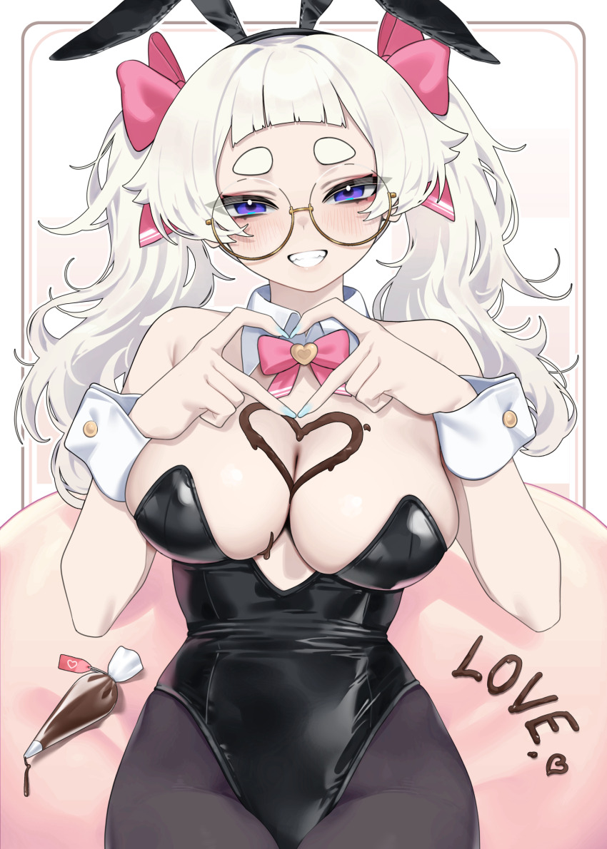 1girl four-finger_heart_hands animal_ears black_leotard black_pantyhose blue_eyes blush bow bowtie breasts candy chocolate chocolate_bar chocolate_on_body chocolate_on_breasts cleavage commentary detached_collar fake_animal_ears food food_on_body glasses hair_bow heart heart_hands highres large_breasts leotard long_hair looking_at_viewer meg_(wakamepiza) original pantyhose pink_bow pink_bowtie playboy_bunny rabbit_ears round_eyewear semi-rimless_eyewear short_bangs short_eyebrows smile solo strapless strapless_leotard symbol-only_commentary thick_eyebrows twintails wakamepiza white_hair white_wrist_cuffs wrist_cuffs