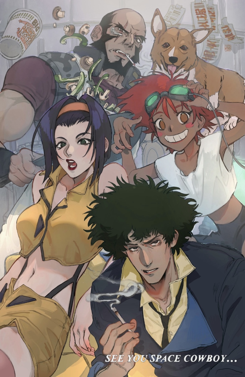 2boys 2girls adjusting_eyewear bald_spot beard black_coat black_hair black_necktie black_shorts brown_eyes cigarette coat commentary cowboy_bebop crop_top cup_ramen dark-skinned_female dark_skin edward_wong_hau_pepelu_tivrusky_iv ein_(cowboy_bebop) enerjax english_commentary english_text facial_hair faye_valentine frying_pan full_beard goggles goggles_on_head green-tinted_eyewear green_eyes green_hair green_pepper grin half-closed_eyes headband highres holding holding_cigarette holding_frying_pan jet_black looking_at_viewer looking_to_the_side medium_hair multiple_boys multiple_girls mushroom navel necktie open_mouth orange_headband parted_lips purple_hair red_hair red_lips red_shirt red_thighhighs scar scar_across_eye scar_on_face shirt short_hair shorts smile smoke smoking spike_spiegel suspenders thighhighs tinted_eyewear vest welsh_corgi white_shirt yellow_shirt yellow_shorts