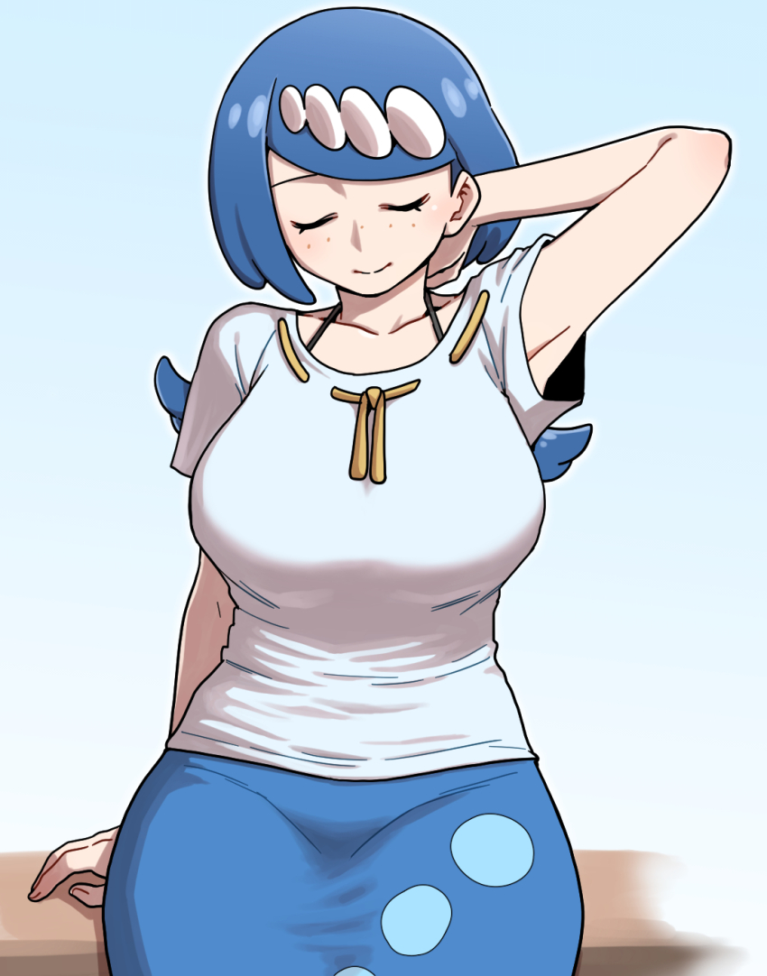 1girl arm_support blue_hair blue_skirt breasts closed_eyes closed_mouth collarbone commentary_request freckles hair_ornament hand_up highres lana&#039;s_mother_(pokemon) large_breasts long_hair mature_female nintendo nutkingcall pokemon pokemon_(anime) pokemon_sm_(anime) shirt short_sleeves sitting skirt smile solo