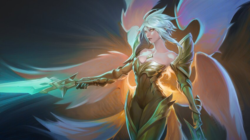 1girl angel_wings armor armored_boots bare_shoulders boobplate boots breastplate breasts cleavage collarbone dual_wielding gauntlets gold_armor hair_between_eyes highres holding holding_sword holding_weapon kayle_(league_of_legends) large_breasts league_of_legends medium_hair multicolored_background multiple_wings smile solo stnpnk sword weapon white_hair wings yellow_eyes