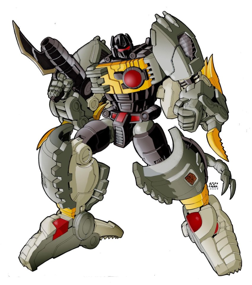 artist_name bayonet clenched_hand commentary don_allan_figueroa english_commentary grimlock gun highres holding holding_gun holding_weapon looking_to_the_side mecha mecha_focus official_art robot solo transformers visor weapon white_background