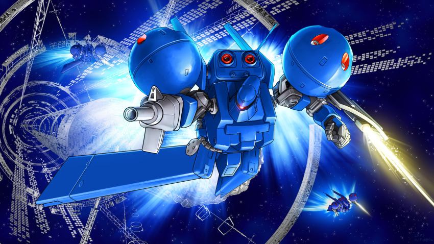arm_cannon artist_request battle dra-c energy_beam energy_blade fake_screenshot firing gundam gundam_0083 highres machinery mecha mecha_focus mobile_suit no_humans o&#039;neill_cylinder one-eyed robot science_fiction shield space space_habitat star_(sky) thrusters vernier_thrusters weapon zeon