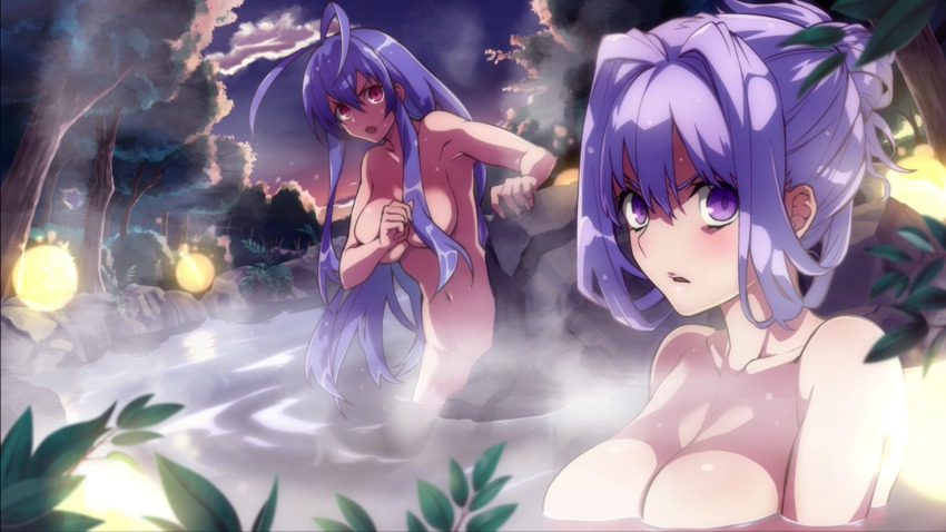 &gt;:o 2girls :o antenna_hair bathing blazblue blazblue:_chronophantasma blazblue_remix_heart blue_hair blush breasts cleavage cloud collarbone completely_nude convenient_censoring covering_breasts covering_privates floating_breasts game_cg genderswap genderswap_(mtf) hair_censor hair_down hair_over_breasts hair_up highres kajun_faycott large_breasts long_hair looking_at_viewer mai_natsume multiple_girls navel night nude official_art onsen open_mouth outdoors partially_submerged pink_eyes purple_eyes purple_hair rock sky smile steam sumeshi_(ambivalince) surprised tree v-shaped_eyebrows very_long_hair water wet