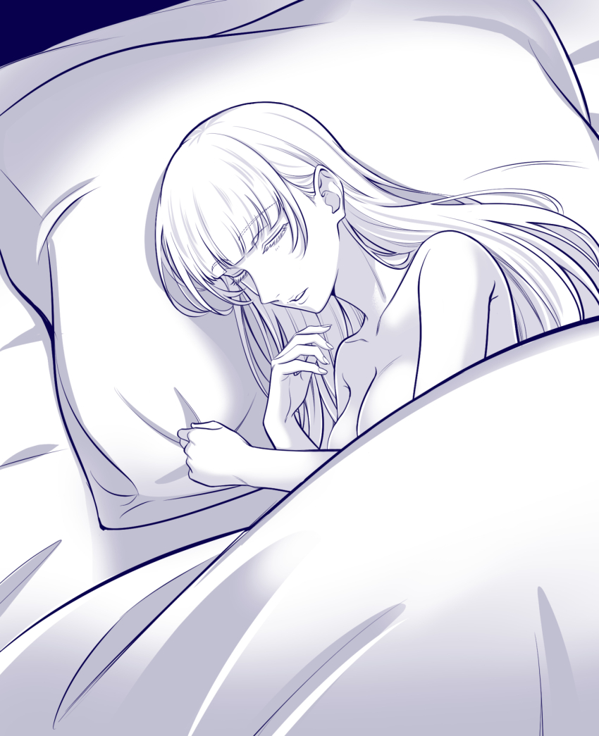 1girl blanket blunt_bangs breasts cleavage closed_eyes collarbone commentary_request highres kakegurui kanbayashi_makoto large_breasts momobami_kirari monochrome on_bed parted_lips pillow pillow_grab sleeping solo under_covers