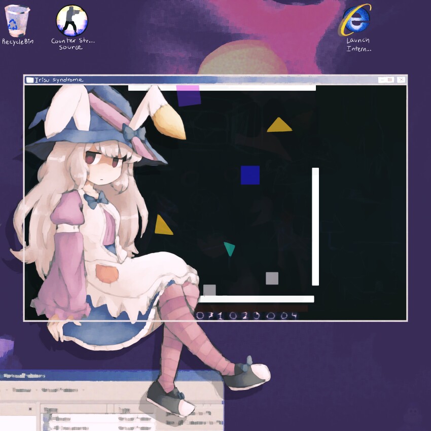 1girl absurdres albino animal_ears apron arms_at_sides blue_bow blue_bowtie blue_hat blue_ribbon blue_skirt blurry bow bowtie closed_mouth collarbone counter-strike_(series) dress empty_eyes expressionless fake_animal_ears footwear_bow from_side hat hat_ribbon highres icon_(computing) iesonatana internet_explorer irisu_kyouko irisu_shoukougun! jitome juliet_sleeves long_hair long_sleeves looking_to_the_side microsoft_windows no_nose pale_skin patch pink_thighhighs puffy_sleeves rabbit_ears recycle_bin red_eyes ribbon shaded_face shadow shapes shoes sidelocks sitting skirt solo square striped_clothes striped_thighhighs thighhighs triangle two-tone_thighhighs unbuttoned very_long_hair white_apron white_hair wide_shot wide_sleeves window_(computing) windows_7 desktop_(computing) witch_hat