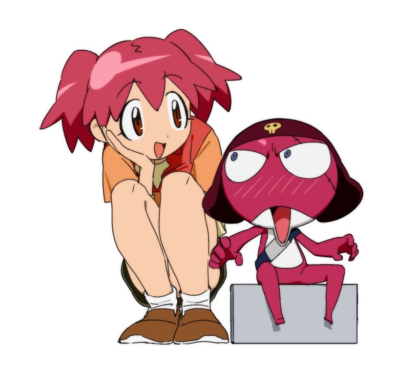 1girl alien blush brown_shoes giroro highres hinata_natsumi keroro_gunsou open_mouth orange_shirt pink_hair popo92_z red_eyes shirt shoes simple_background sitting twintails