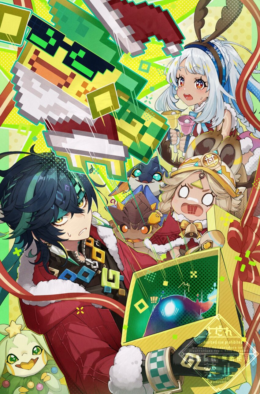 ! !! 1boy 2girls 4others ajaw_(genshin_impact) animal_ears aqua_gloves aqua_headband bell black_gloves black_hair black_shirt blonde_hair blush box braid earrings fingerless_gloves genshin_impact gift gift_box gloves green_hair hair_between_eyes hairband hat headband highres holding itsumono_katze jacket jewelry kachina_(genshin_impact) kinich_(genshin_impact) long_hair long_sleeves looking_at_viewer mualani_(genshin_impact) multicolored_gloves multicolored_hair multiple_girls multiple_others o_o open_mouth red_eyes red_jacket santa_hat shirt symbol-shaped_pupils visor_cap white_hair
