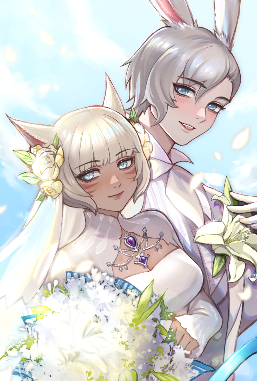 1boy 1girl animal_ear_fluff animal_ears bishounen blue_eyes bouquet breasts bridal_veil bride cat_ears cat_girl cleavage couple dark-skinned_female dark_skin dress facial_mark final_fantasy final_fantasy_xiv flower grey_hair hairtail hetero highres holding holding_bouquet looking_at_viewer miqo&#039;te rabbit_boy rabbit_ears rose short_hair tattoo upper_body veil viera warrior_of_light_(ff14) wedding wedding_dress white_flower white_lily white_rose y&#039;shtola_rhul
