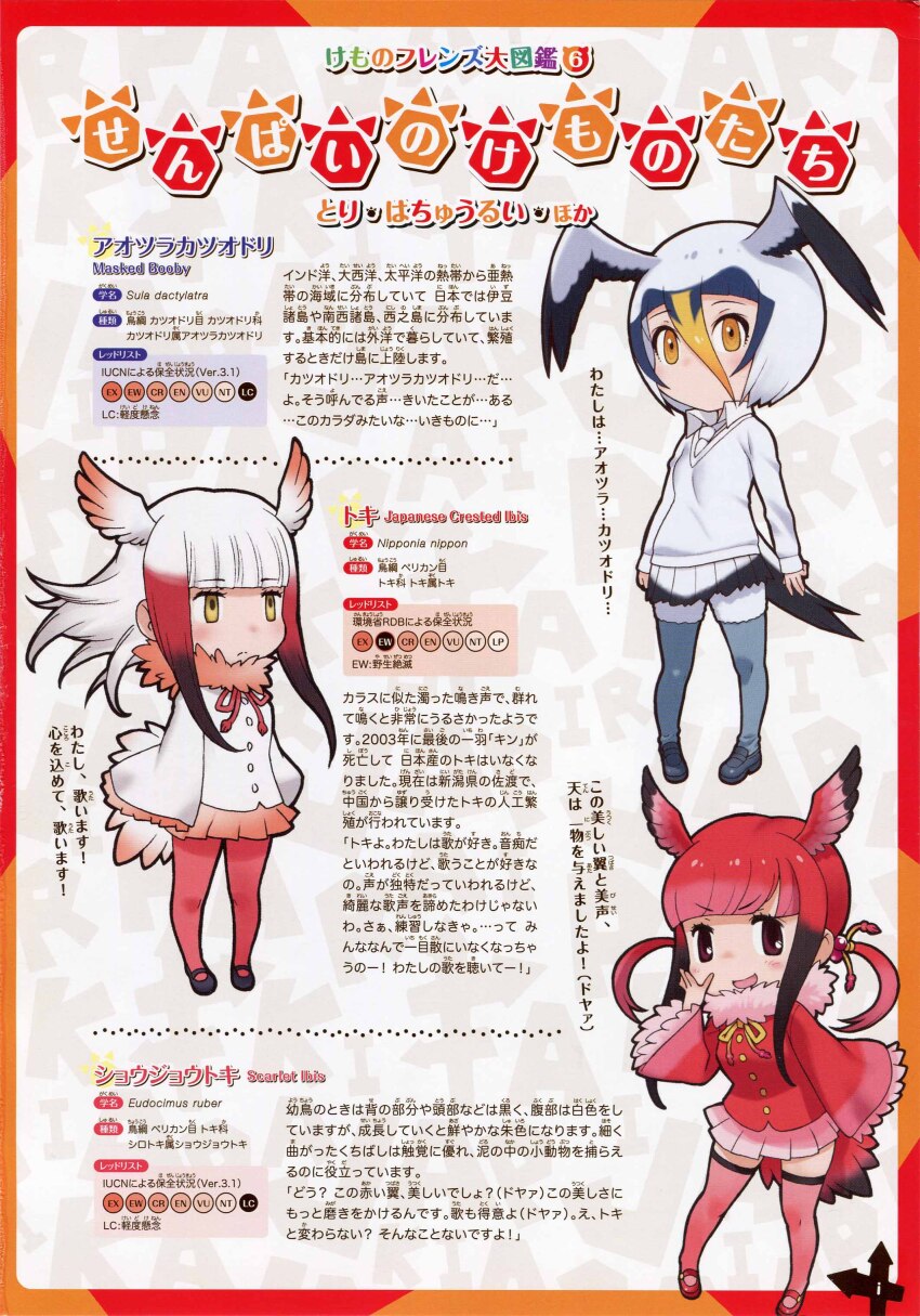 3girls absurdres full_body grey_hair highres japanese_crested_ibis_(kemono_friends) kemono_friends looking_at_viewer masked_booby_(kemono_friends) multiple_girls official_art red_hair scarlet_ibis_(kemono_friends) simple_background yoshizaki_mine