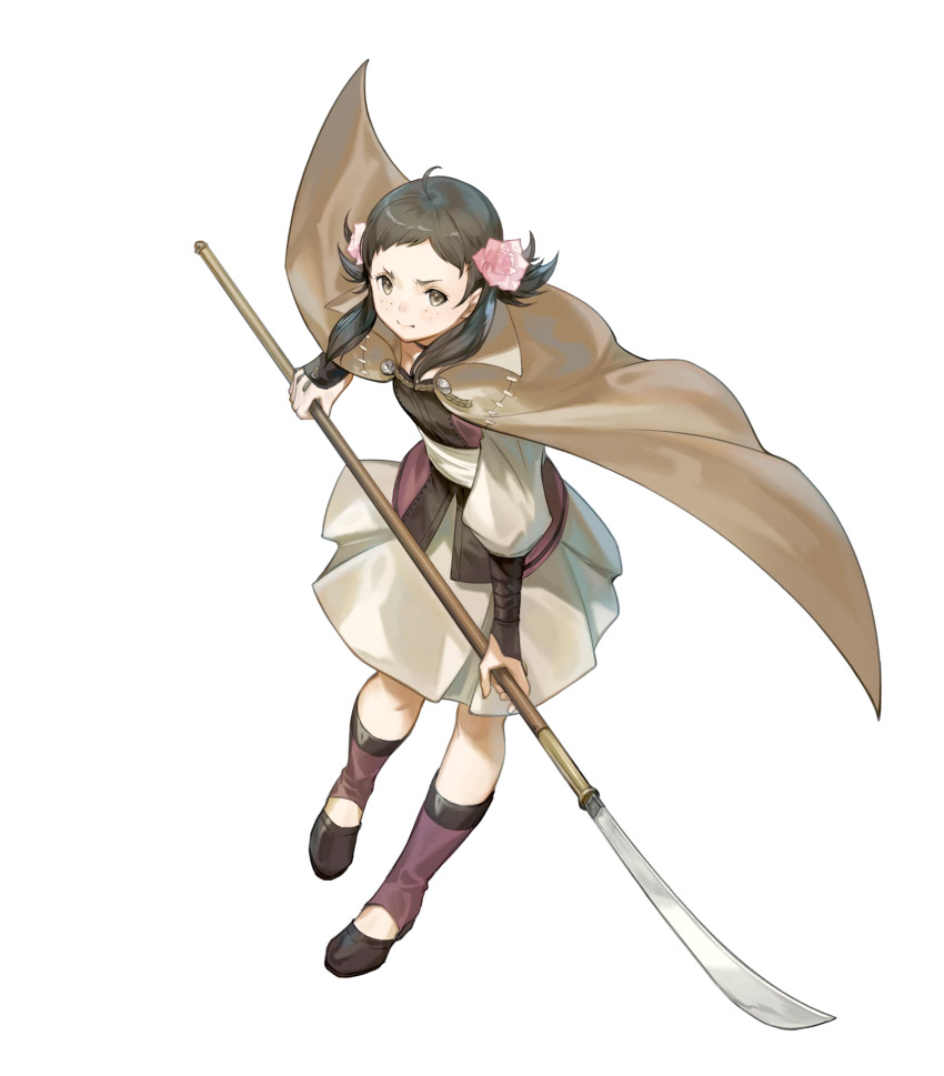 1girl ahoge attack breasts brown_eyes brown_hair cloak fire_emblem fire_emblem_fates fire_emblem_heroes flat_chest flower freckles hair_flower hair_ornament highres holding holding_polearm holding_weapon medium_breasts mozu_(fire_emblem) naginata nintendo non-web_source official_art polearm solo v-shaped_eyebrows weapon