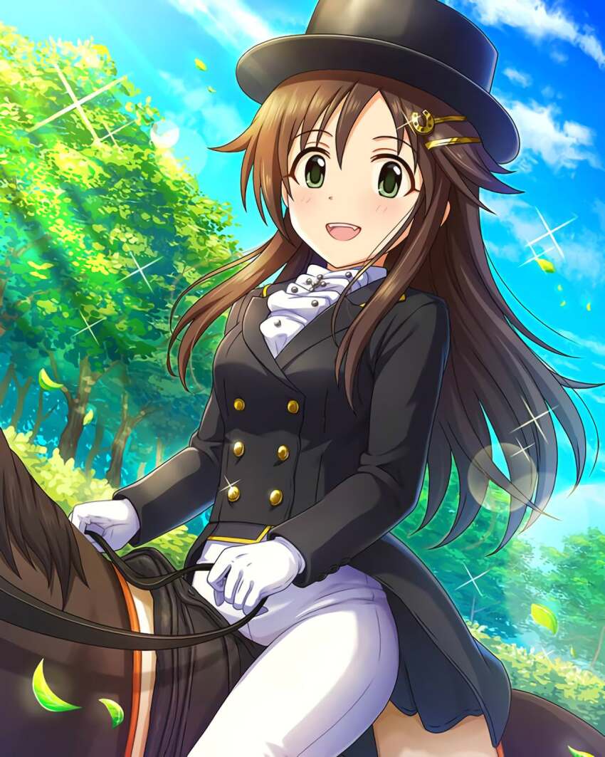 1girl black_hat black_jacket blue_sky brown_horse day gloves green_eyes happy hat highres himekawa_yuki holding holding_reins horse horseback_riding idolmaster idolmaster_cinderella_girls jacket long_hair official_art open_mouth pants reins riding saddle sky smile