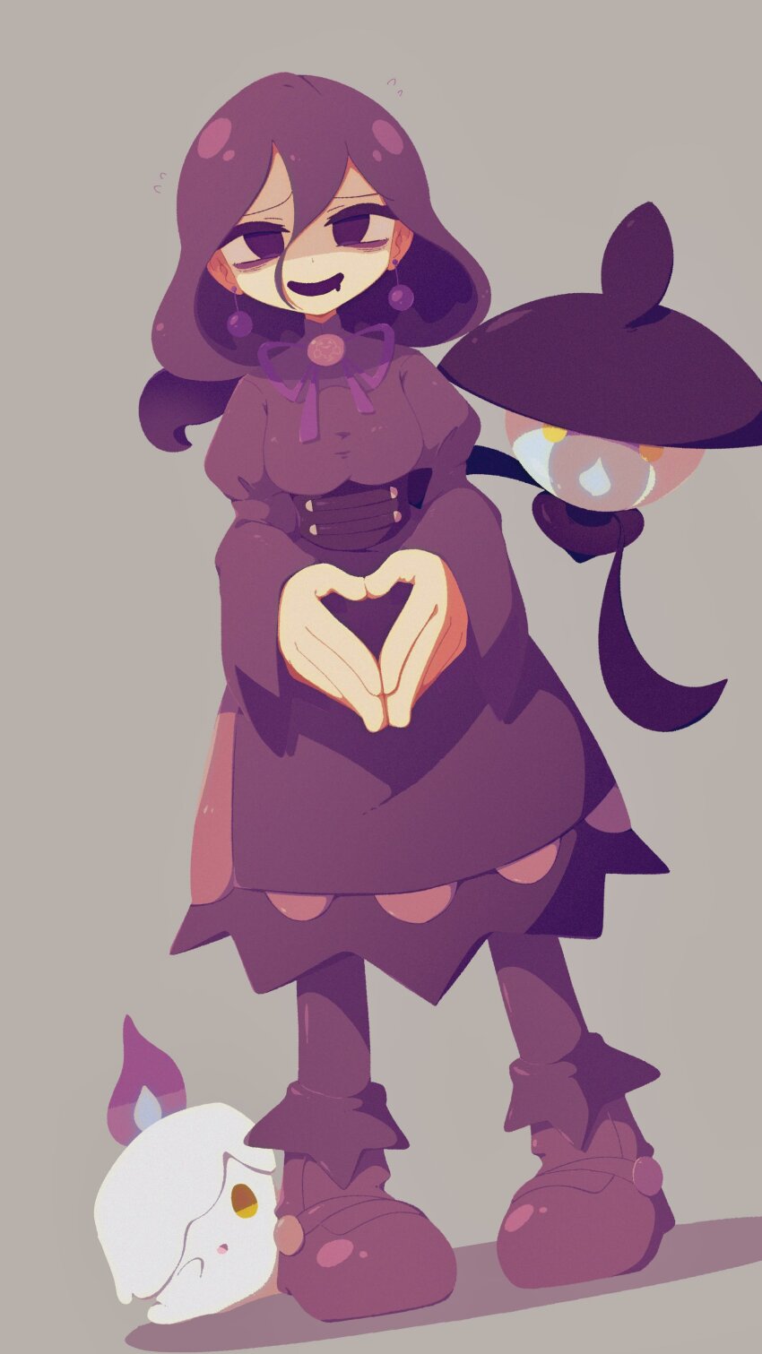1girl absurdres afuron bags_under_eyes commentary_request dress drooling earrings gen_5_pokemon grey_background hair_between_eyes hex_maniac_(pokemon) hex_maniac_(pokemon_legends:_z-a) highres jewelry lampent litwick long_hair long_sleeves looking_at_viewer mouth_drool neck_ribbon nintendo open_mouth own_hands_together pantyhose pigeon-toed pokemon pokemon_(creature) pokemon_legends:_z-a purple_hair purple_ribbon ribbon shoes smile socks standing steepled_fingers