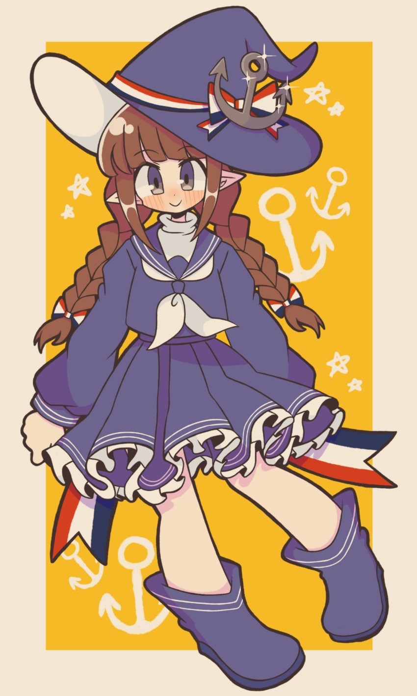 1girl absurdres blue_boots blue_skirt blunt_bangs blush boots bow brown_hair closed_mouth commentary_request funamusea grey_eyes hair_bow highres long_hair long_sleeves looking_at_viewer neckerchief oounabara_to_wadanohara pleated_skirt pointy_ears skirt smile sofo_soup solo spanish_commentary wadanohara white_neckerchief