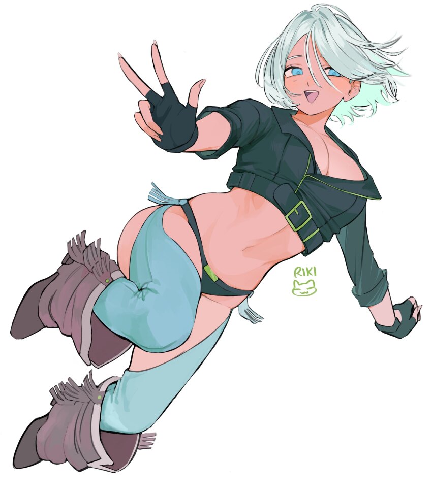 1girl absurdres angel_(kof) backless_pants blue_eyes boots bra breasts chaps cleavage cowboy_boots crop_top cropped_jacket fingerless_gloves gloves hair_over_one_eye highres index_fingers_raised jacket large_breasts leather leather_jacket looking_at_viewer midriff navel panties pants rikikitty short_hair smile snk solo strapless strapless_bra the_king_of_fighters the_king_of_fighters_xiv toned toned_female underwear white_hair