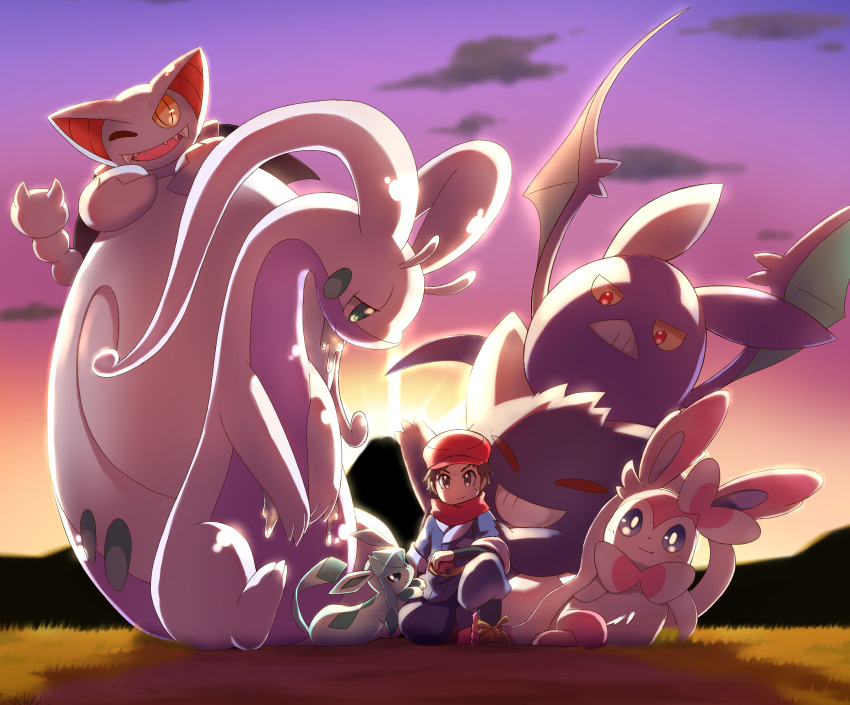 1boy brown_eyes brown_hair cloud creatures_(company) crobat game_freak gen_1_pokemon gen_2_pokemon gen_4_pokemon gen_6_pokemon gengar glaceon gliscor grass hat highres hisuian_goodra mountainous_horizon neoyorimi2 nintendo poke_ball pokemon pokemon_(creature) pokemon_legends:_arceus red_hat red_scarf rei_(pokemon) scarf shadow sky smile sunset sylveon