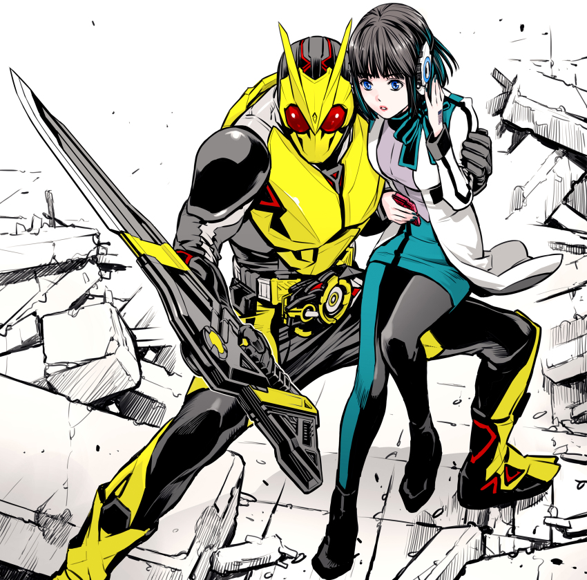 1boy 1girl absurdres armor black_hair blue_eyes dress fighting_stance hiden_aruto highres holding holding_sword holding_weapon humagear_headphones is_(kamen_rider_01) kamen_rider kamen_rider_01_(series) kamen_rider_zero-one open_mouth parashima_tenko pencil_dress power_armor red_eyes short_hair sword weapon